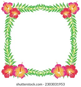 Hibiscus and green palm leaves square ornament, frame, decorative border, illustration