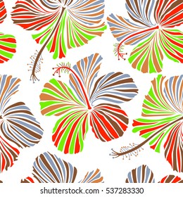 Hibiscus in green, red and orange colors on a white background. Aloha hawaiian shirt vector seamless pattern.