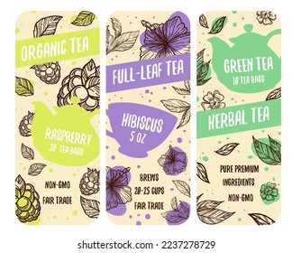 Hibiskus-grüner Tee, volle Blättertaschen. Bio-und Naturprodukt, reine Premium-Mischung Nicht-Gmo. Himbeere schmecken köstliche Brauen und fairen Handel. Etiketten oder Embleme für Verpackungen. Vektorgrafik im Flachstil