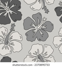 Hibiscus hawaii seamless pattern in retro cartoon hand drawn style, fashion background.