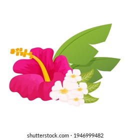 Hibiscus head flower in cartoon style isolated on white background. Hawaiian, tropical, exotic decoration, single object, design element.