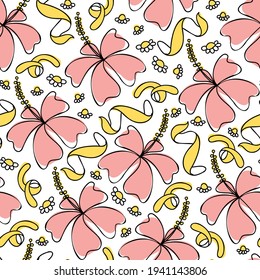 Hibiscus herbal tea blend pattern. Rose, orange peel and chamomile background. Sketch doodle floral illustration for summer drink design. 