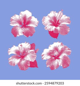 Hibiscus illustration, lines on purple background.
