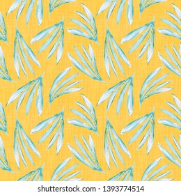Hibiscus inspired green water colour leaves design on vibrant orange canvas textured background . Seamless vector pattern Perfect for summer, wellness, beauty products, fabric, stationery, gift wrap.
