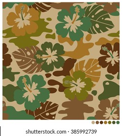 Hibiscus and leaf camouflage seamless vector pattern