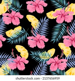 Hibiscus and leaves pattern.Summer pattern design