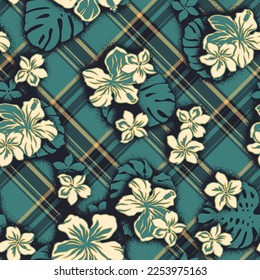 Hibiscus and leaves with tartan plaid background abstract vector seamless pattern 