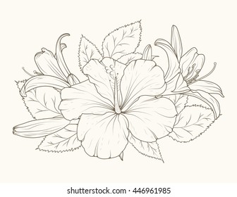 Hibiscus and lily flowers bouquet. Detailed vector drawing. Spring summer event design element. Brown outline on beige background.