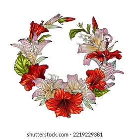 Hibiscus and lily flowers wreath. Vector illustration