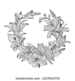 Hibiscus and lily flowers wreath. Vector linear illustration