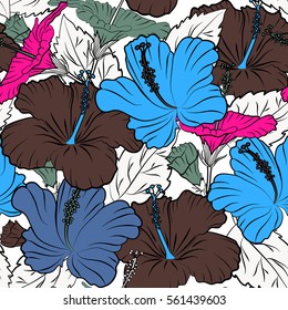 Hibiscus in magenta and blue colors on a white background. Aloha hawaiian shirt vector seamless pattern.