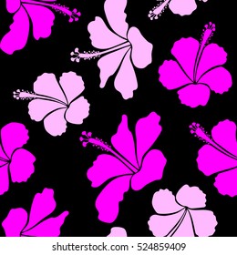 Hibiscus in magenta and pink colors on a black background. Aloha hawaiian shirt vector seamless pattern.