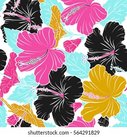 Hibiscus in magenta, yellow and pink colors on a white background. Aloha hawaiian shirt vector seamless pattern.