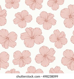 Hibiscus malva flowers seamless pattern. Crimson outline, pink fill, white background.