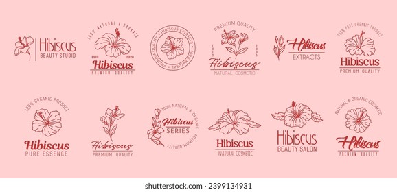 Hibiscus minimal emblem, natural cosmetics and extract. Isolated floral labels set, embrace simplicity with elegant blooms, represent purity and organic beauty in a clean, linear, understated design