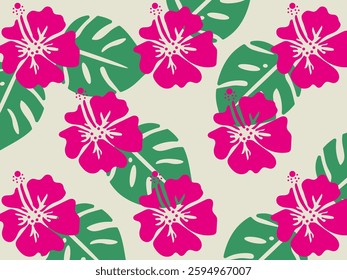 It is a hibiscus and monstera leaf tropical background.