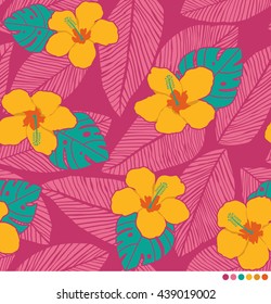 Hibiscus, monstera and palm leaf seamless pattern vector