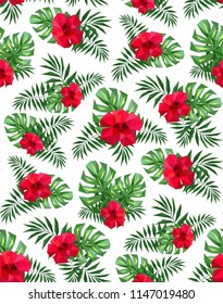 hibiscus monstera palm leaves low-polygonal triangulation pattern EPS 10