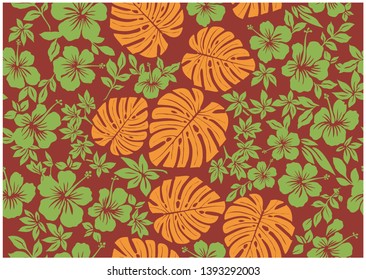 Hibiscus and Monstera pattern background 