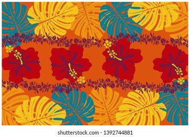 Hibiscus and Monstera pattern, tropical colors, summer image, fabric, textile