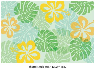 Hibiscus and Monstera pattern, tropical colors, summer image, fabric, textile