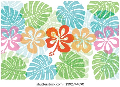 Hibiscus and Monstera pattern, tropical colors, summer image, fabric, textile