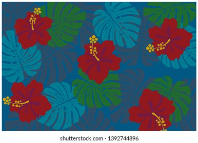 Hibiscus and Monstera pattern, tropical colors, summer image, fabric, textile