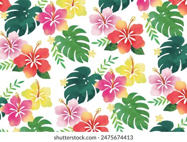 Hibiscus and Monstera pattern watercolor