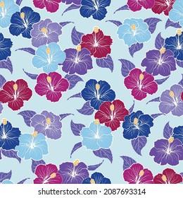 Composición de flores multicolores hibiscus en tonos rosados, púrpura, azul y rojo. Estilo moderno. Patrón de repetición sin inconvenientes. Ilustración vectorial. Fondo floral para papel textil y de envoltura.