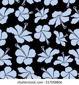 Hibiscus in neutral colors on a black background. Aloha hawaiian shirt vector seamless pattern.