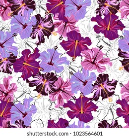 hibiscus on white background. seamless pattern