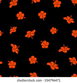 Hibiscus in orange colors on a black background. Aloha hawaiian shirt vector seamless pattern.