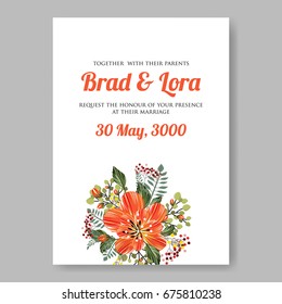 Hibiscus and orange peony rose floral wedding invitation template Vector floral card.