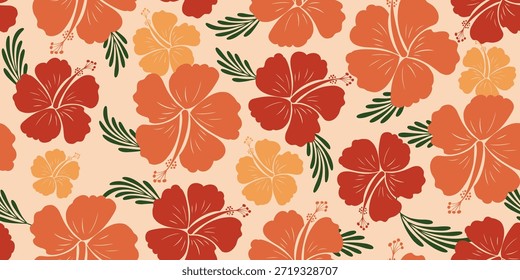 Hibiscus orange, schönes rotes Muster. Botanisches Nahtloses Muster. Exotischer Hibiscus. Motiv für Hawaiihemd, Aloha Hemd Sommer. Schöne florale, Blattmuster Hintergrund. Gelbe Hibiskusblume.