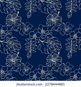 Hibiscus and orchid. Seamless pattern. Silhouettes of tropical flowers. Outline plants on a dark blue background. Monochrome beautiful pattern. Hand-drawn vector illustration.
