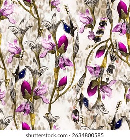 Hibiscus orchids branch floral seamless vector pattern, line art ink drawing on watercolor flowers. Fuchsia, blue, green on cream background. Perfect for textile, wallpapers, home decor.