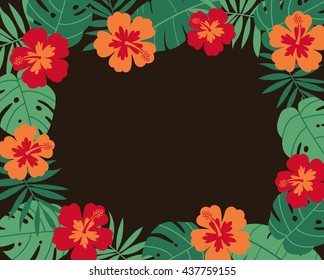 Hibiscus and palm leaf border frame vector for card design template.