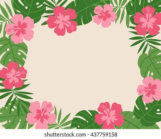 Hibiscus and palm leaf border frame vector for card design template.