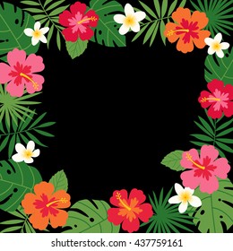 Hibiscus and palm leaf border frame vector for card design template.