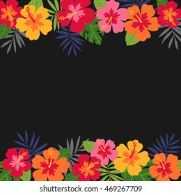 Hibiscus and palm leaf border frame vector