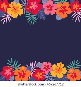 Hibiscus and palm leaf border frame vector