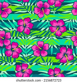 Hibiscus and palm leaf with brushed stripes seamless pattern for summer holidays background.