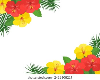 Hibiscus and palm leaf frame vector illustration