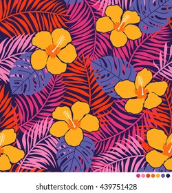 Hibiscus and palm leaf seamless vector pattern