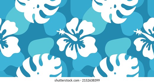 Hibiscus and palm leaves, Hawaii, vector seamless pattern in the style of doodles, hand-drawn