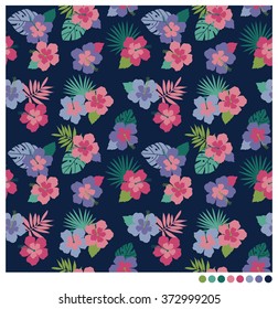 Hibiscus and palm leaves seamless vector pattern