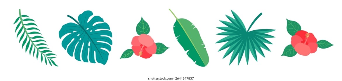 Hibisco e palmeira deixa a fronteira tropical de verão. Banana, monstera, folha de palmeira e flores de hibisco vermelho em uma linha. Praia havaiana simples repetir o elemento do projeto. Ilustração vetorial horizontal plana.