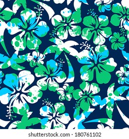 Hibiscus and palm seamless pattern on a navy background.