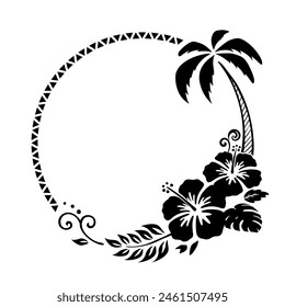 Hibiscus and palm tree decorative frame_round frame_silhouette material