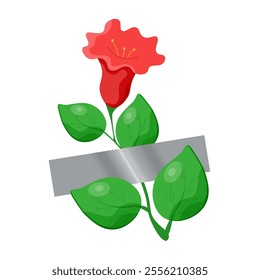 Hibiscus and patch duct tape template design isolated white background. Cartoonish style vector illustration with Summer Flower. Tea rose and adhesive tape. 